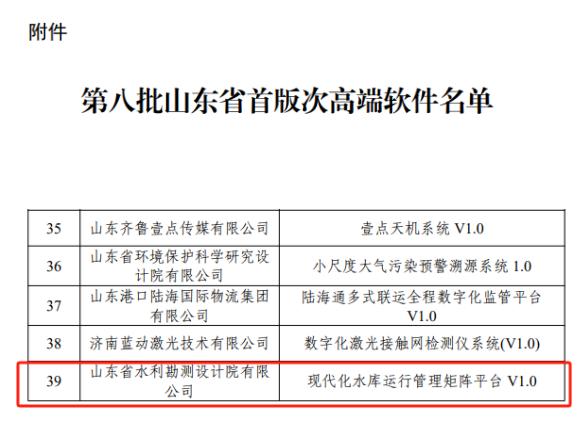 山東水設(shè)現(xiàn)代化水庫(kù)運(yùn)行管理矩陣平臺(tái)被認(rèn)定為首版次高端軟件產(chǎn)品